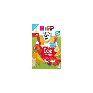 HiPP Ice Sticks Bio-Packung mit Eisbär-Maskottchen und bunten Fruchteis-Sticks in verschiedenen Obstsorten