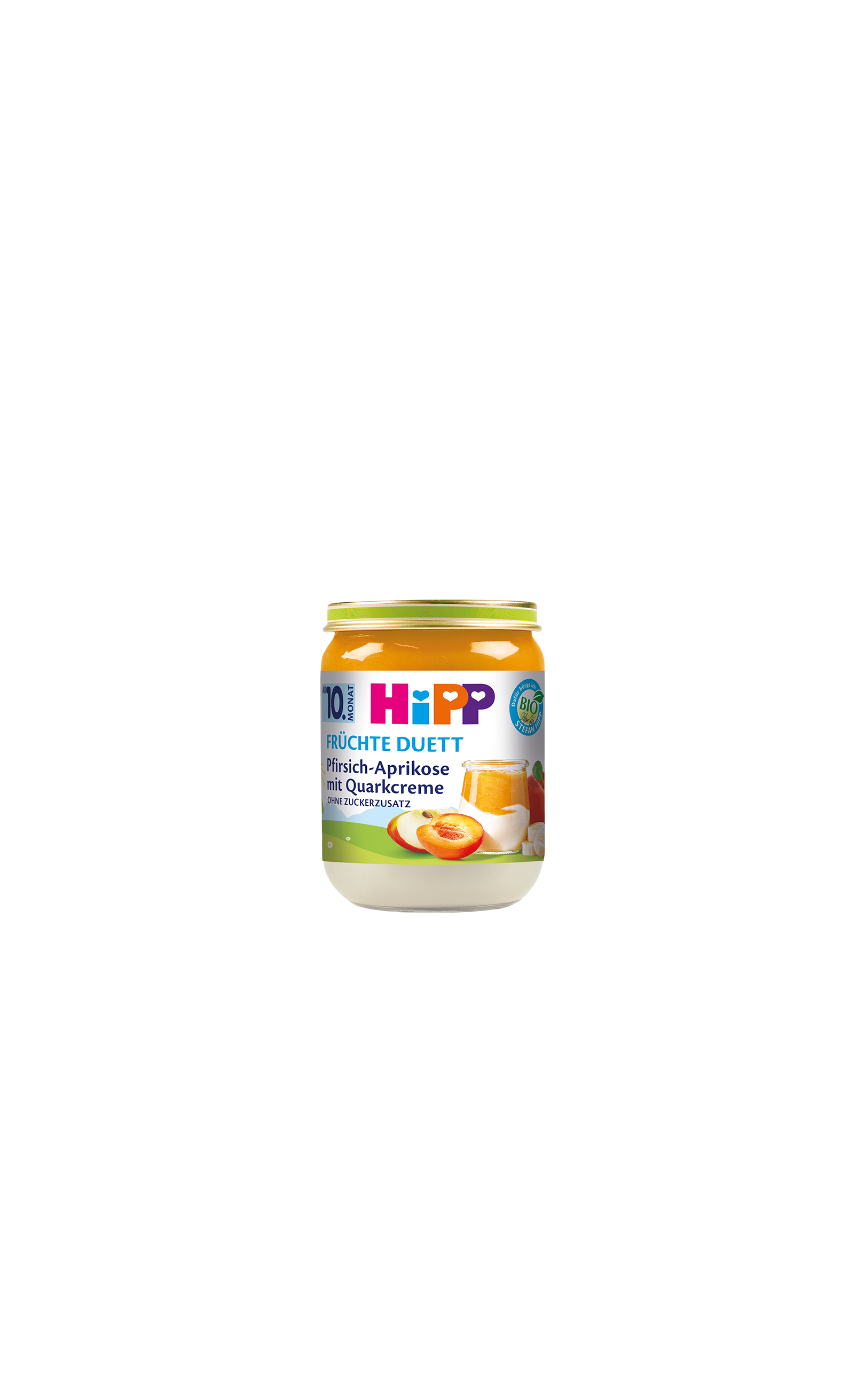 HiPP Früchte-Duett Bio-Gläschen Pfirsich-Aprikose mit Quarkcreme für Babys ab 10 Monaten auf schwarzem Hintergrund