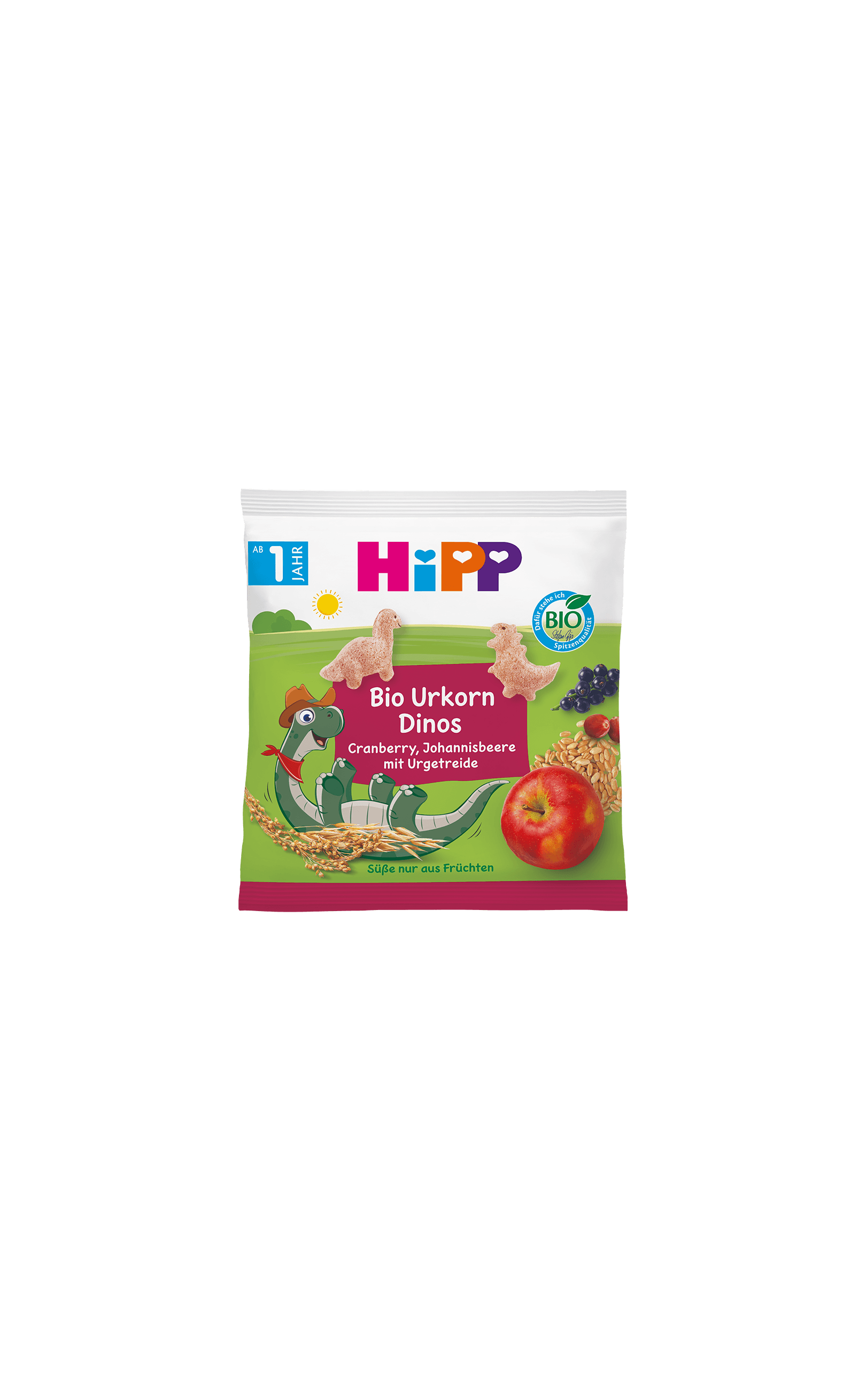 HiPP Bio Urkorn Dinos Snackpack mit Dinofiguren, Cranberry- und Johannisbeeren-Motiv sowie Urgetreide und Apfel auf der Vorderseite