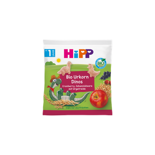 HiPP Bio Urkorn Dinos Snackpack mit Dinofiguren, Cranberry- und Johannisbeeren-Motiv sowie Urgetreide und Apfel auf der Vorderseite