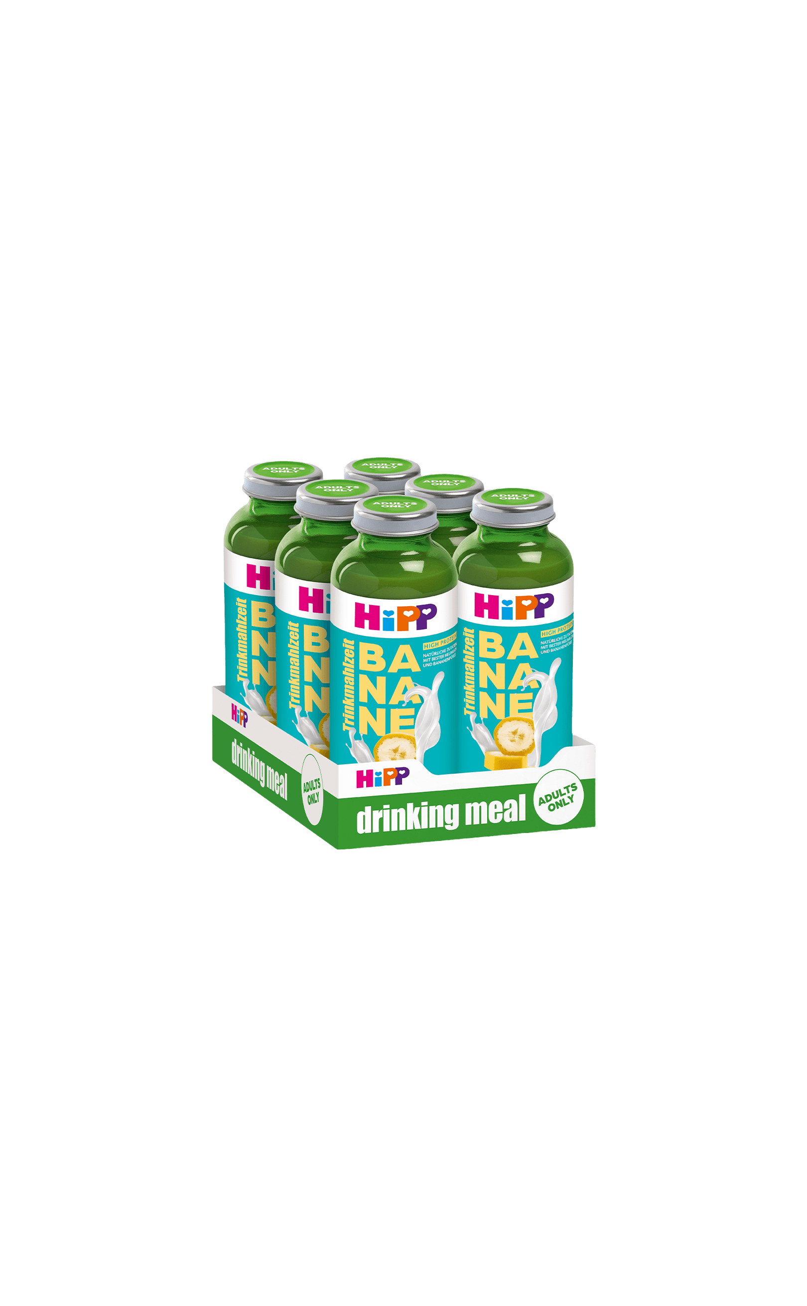Sechserpack HiPP Trinkmahlzeit Banane in grünen 330-ml-Flaschen mit gelbem Etikett in grüner Papptray-Verpackung