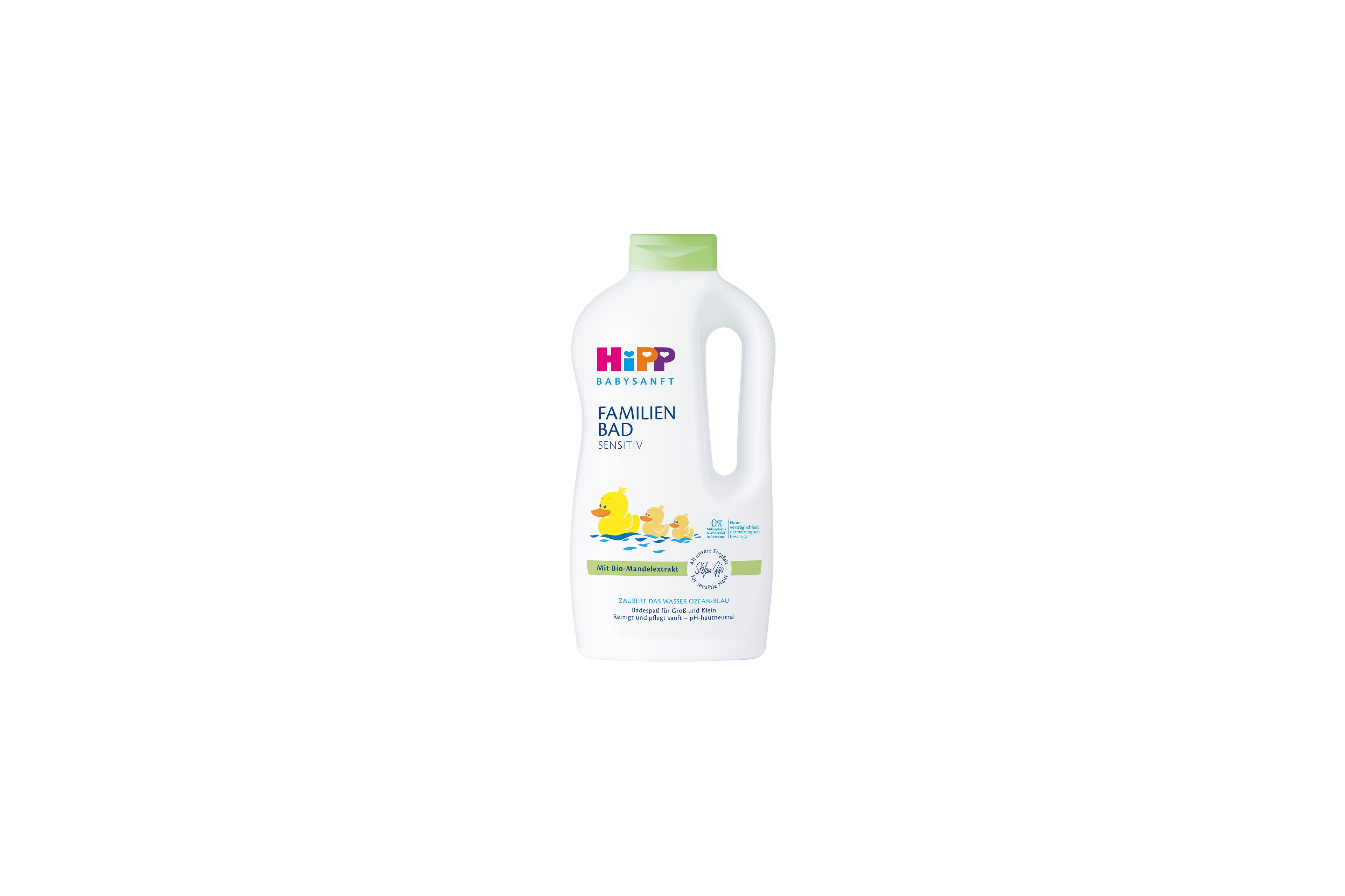 HiPP Babysanft Familienbad Sensitiv Flasche mit grüner Kappe und Entenmotiv für sanftes Familienbad bei sensibler Haut