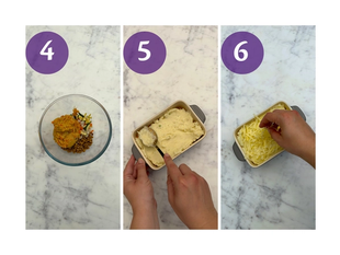 Steps 4–6 of mini chicken and lentil mash bake: mix filling, spread mash in a small dish, then top with grated cheese.