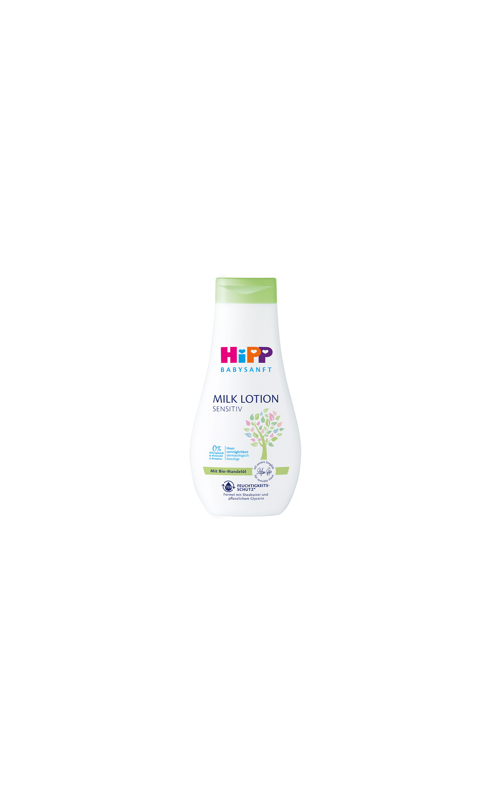 HiPP Babysanft Milk Lotion Sensitiv 350ml Flasche mit grünem Deckel auf schwarzem Hintergrund