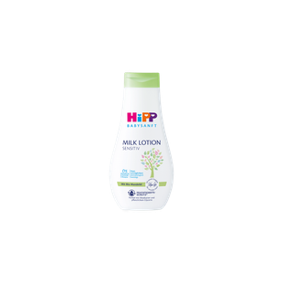 HiPP Babysanft Milk Lotion Sensitiv 350ml Flasche mit grünem Deckel auf schwarzem Hintergrund