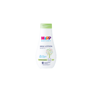 HiPP Babysanft Milk Lotion Sensitiv Flasche mit grünem Deckel und Baum-Motiv für zarte Babyhaut auf weißem Hintergrund
