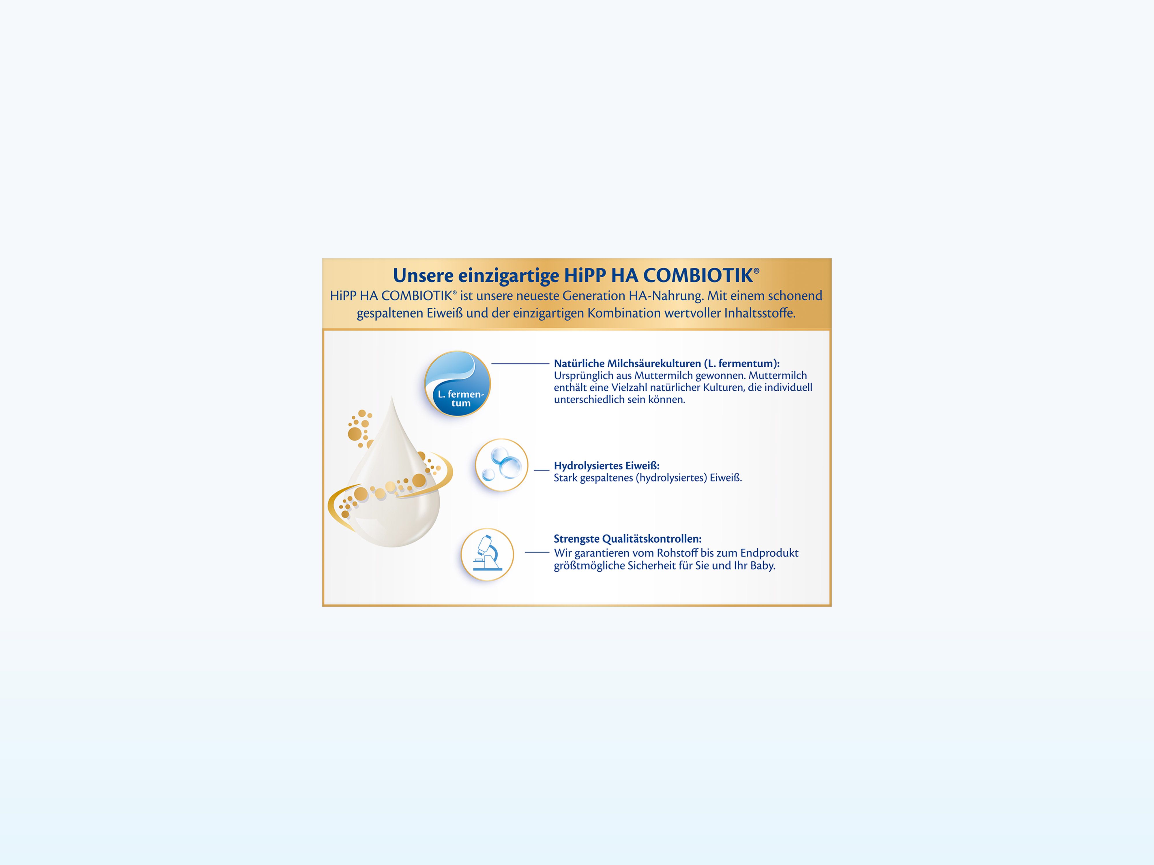 Infografik zur Zusammensetzung von HiPP HA COMBIOTIK mit Erläuterungen zu L. fermentum, hydrolysiertem Eiweiß und strengen Qualitätskontrollen