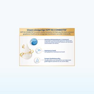 Infografik zur Zusammensetzung von HiPP HA COMBIOTIK mit Erläuterungen zu L. fermentum, hydrolysiertem Eiweiß und strengen Qualitätskontrollen