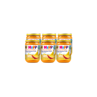 Sechserpack HiPP Frucht & Getreide Mango-Bananen-Grieß im 190g-Glas auf schwarzem Hintergrund