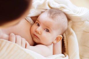 Ein zärtlicher Moment zwischen einer Mutter und ihrem Baby, wobei das Baby direkt in die Kamera schaut und die Hand der Mutter das Baby sanft wiegt.