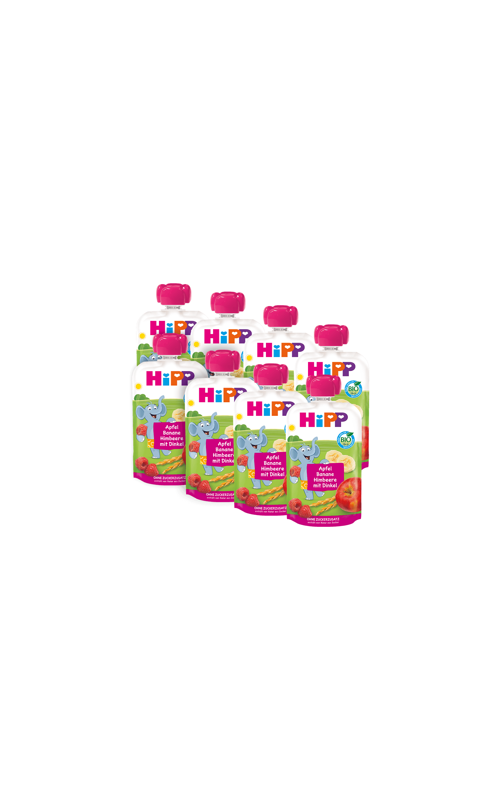 8er-Pack HiPP Bio-Quetschbeutel Apfel Banane Himbeere mit Dinkel, buntes Babyfruchtpüree-Set auf schwarzem Hintergrund