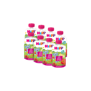 8er-Pack HiPP Bio-Quetschbeutel Apfel Banane Himbeere mit Dinkel, buntes Babyfruchtpüree-Set auf schwarzem Hintergrund