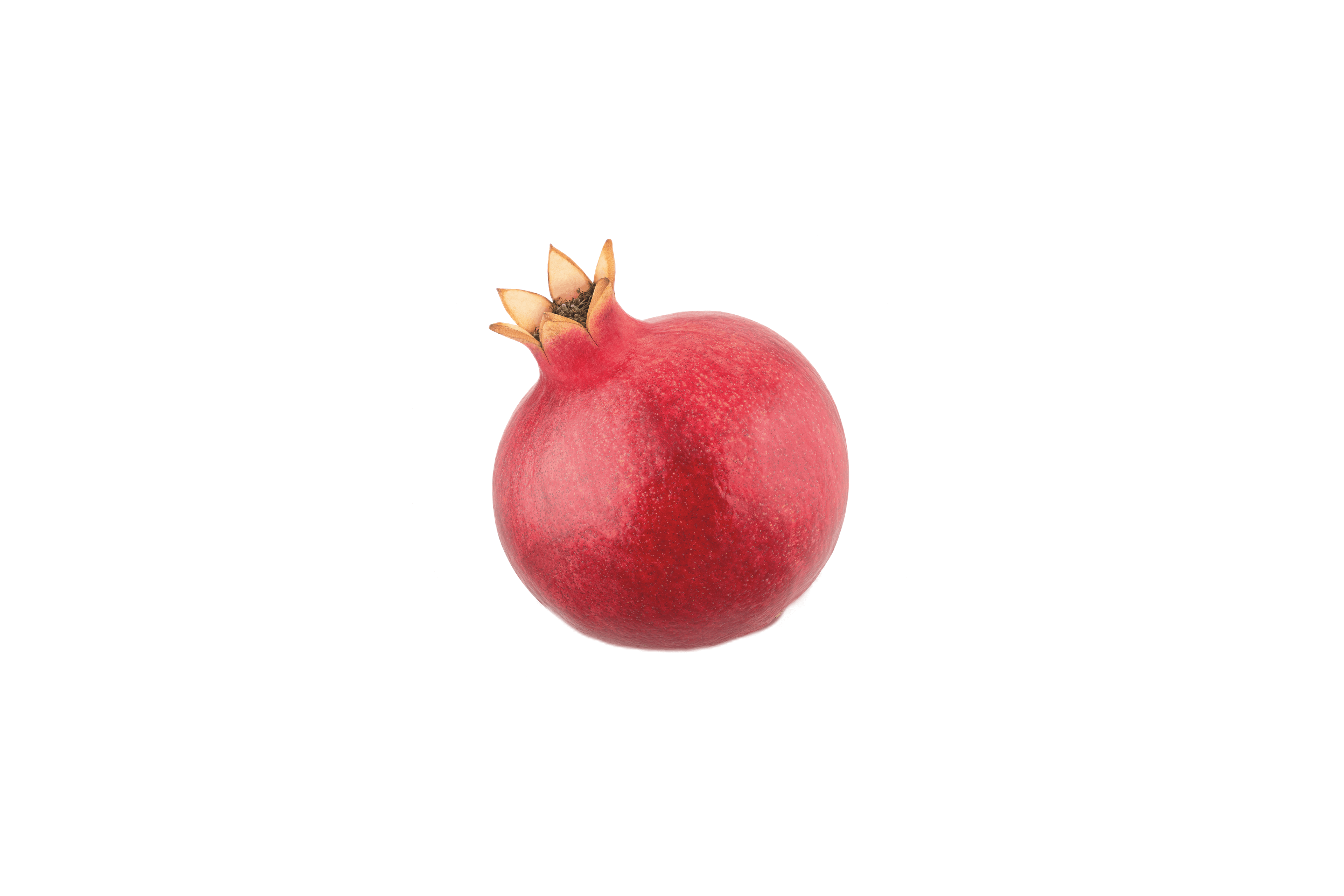 Ein leuchtend roter Granatapfel mit einer kronenartigen Spitze.