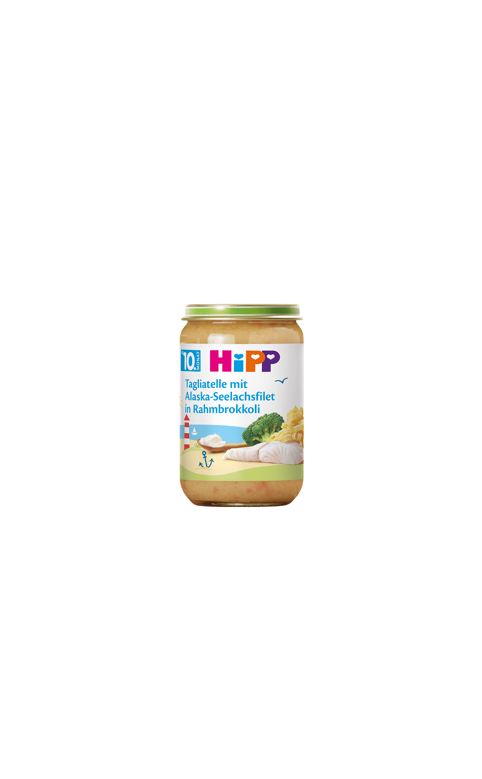 HiPP Bio Babyglas Tagliatelle mit Alaska-Seelachsfilet in Rahmbrokkoli ab dem 10. Monat, Produktpackung frontal