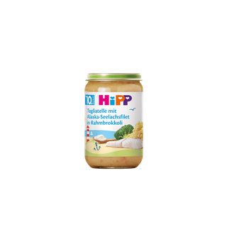 HiPP Bio Babyglas Tagliatelle mit Alaska-Seelachsfilet in Rahmbrokkoli ab dem 10. Monat, Produktpackung frontal