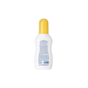 Rückseite einer weißen Plastikflasche mit gelbem Verschluss und kleinem Textblock