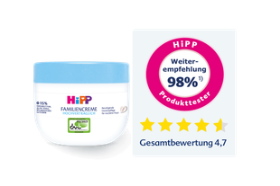 HiPP HOCHVERTRÄGLICH Familiencreme Tiegel mit DAAB-Siegel, 98 % Weiterempfehlung und 4,7 von 5 Sternen Gesamtbewertung.