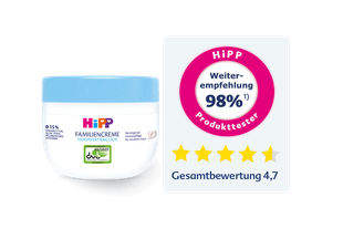 HiPP HOCHVERTRÄGLICH Familiencreme Tiegel mit DAAB-Siegel, 98 % Weiterempfehlung und 4,7 von 5 Sternen Gesamtbewertung.