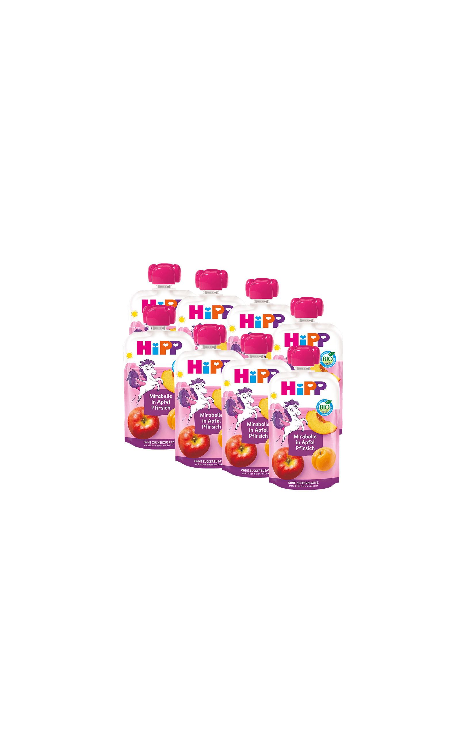 8er-Pack HiPP Bio-Quetschbeutel Mirabelle in Apfel-Pfirsich mit pinkem Deckel auf schwarzem Hintergrund