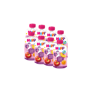 8er-Pack HiPP Bio-Quetschbeutel Mirabelle in Apfel-Pfirsich mit pinkem Deckel auf schwarzem Hintergrund