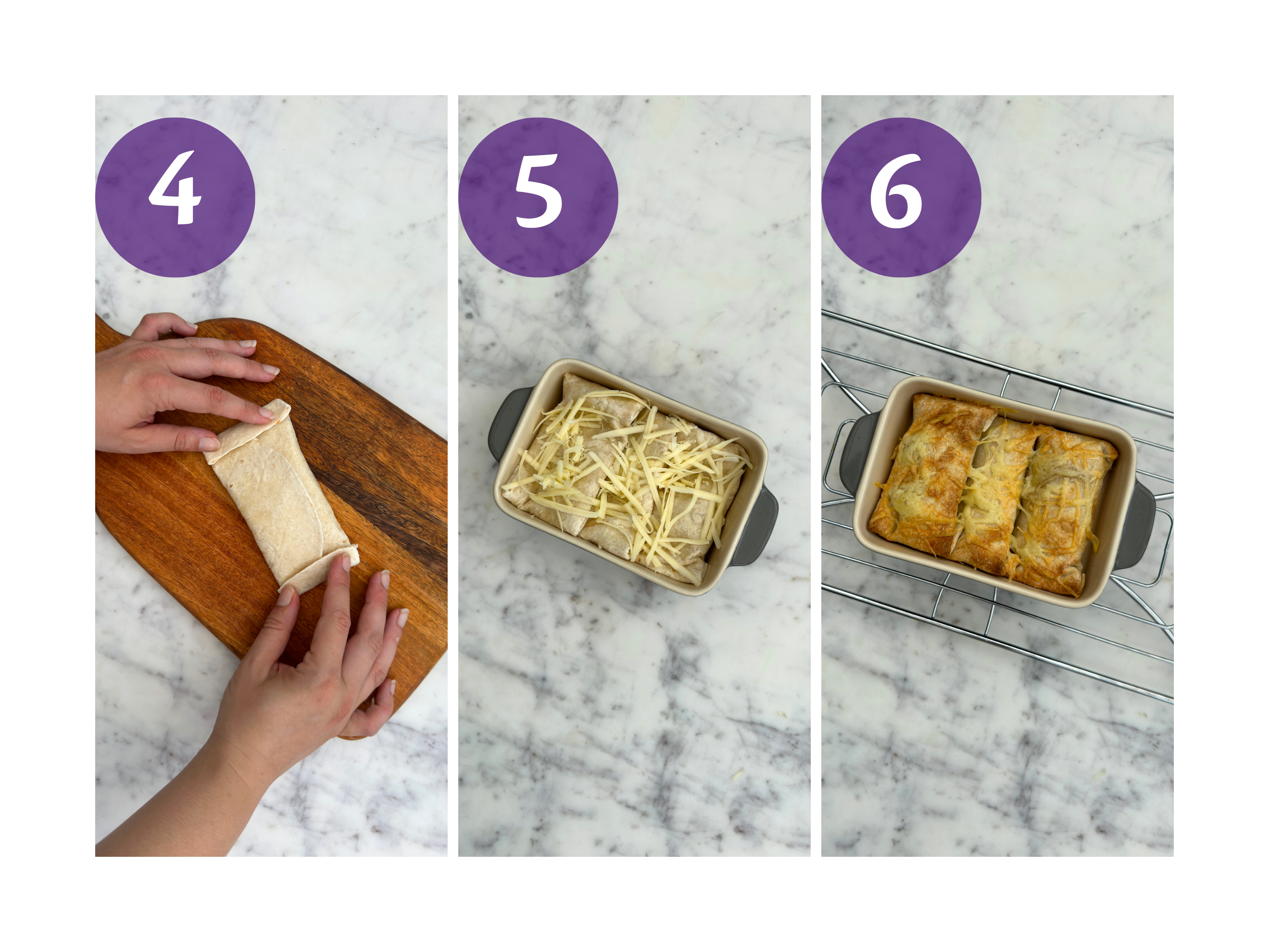 Steps 4–6 of veggie enchilada rolls: wrapping, topping with cheese in a baking dish, then baked golden and ready to serve.