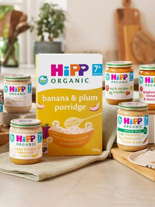 Selection of HiPP Organic baby food products on kitchen counter
