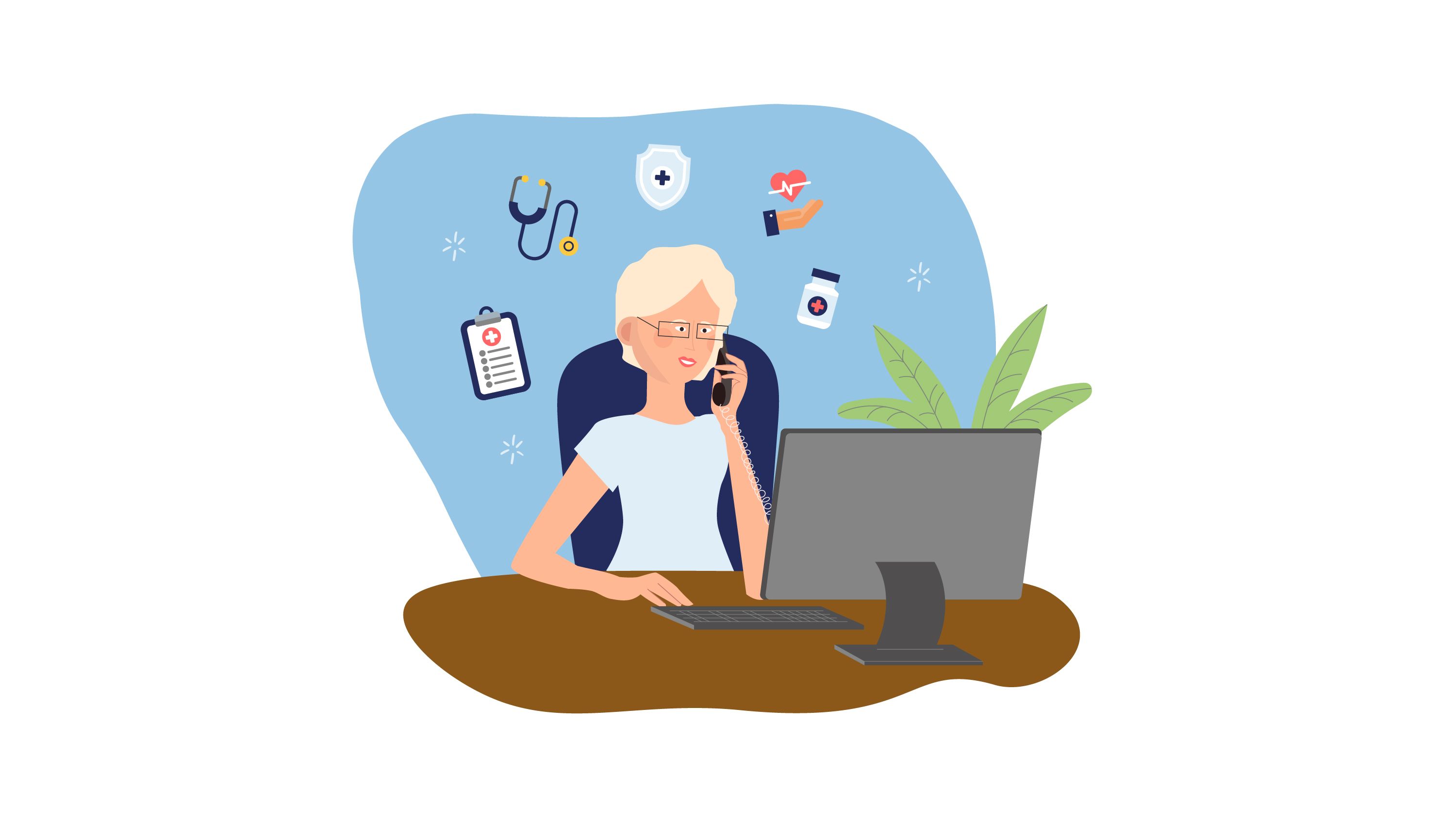Illustration of our Customer Service Manager Jan, sat at a table with a phone and computer, with Healthcare-related icons in the background
