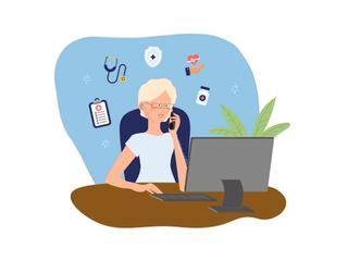 Illustration of our Customer Service Manager Jan, sat at a table with a phone and computer, with Healthcare-related icons in the background
