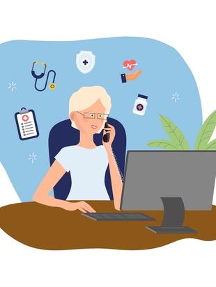 Illustration of a relaxed customer service manager at a desk using a smartphone to contact the HiPP Organic support team.