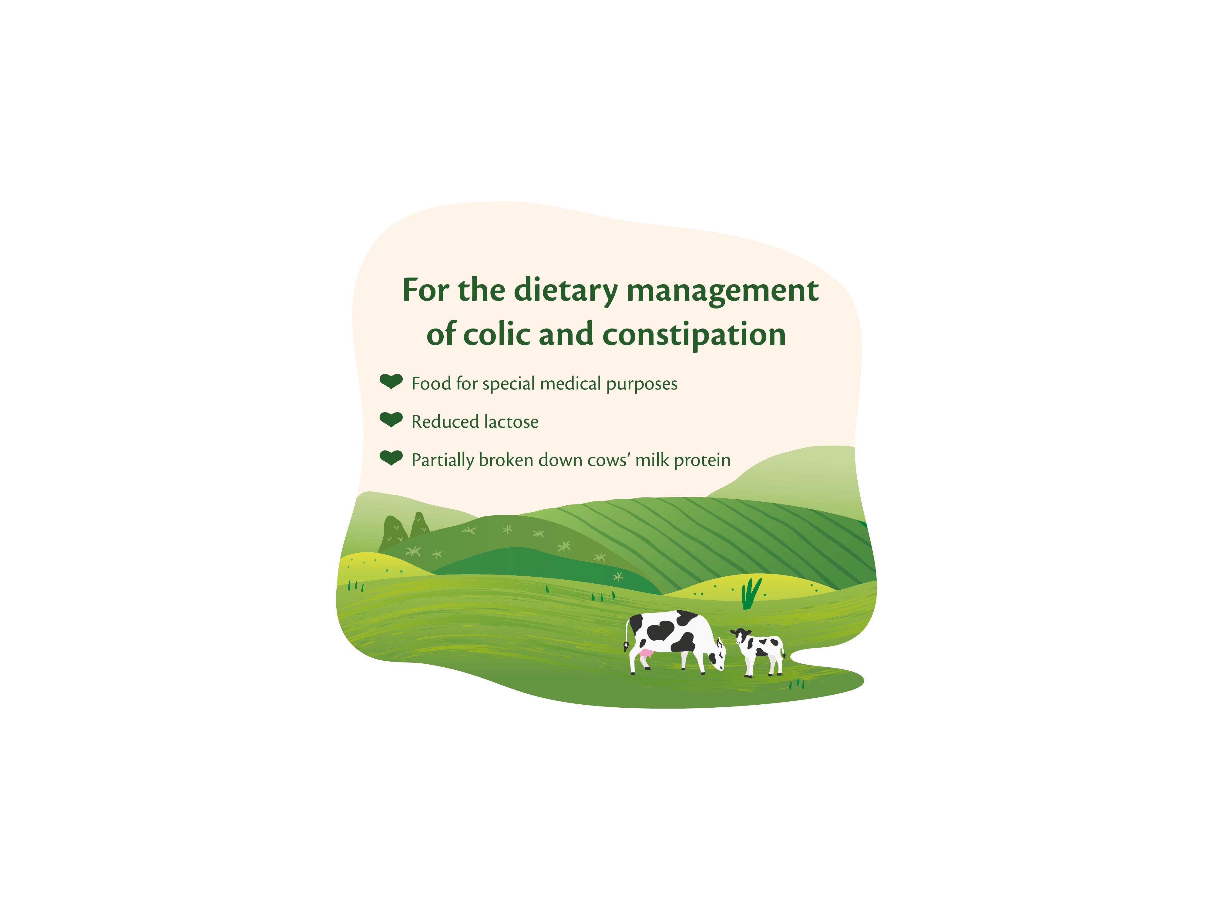 HiPP Organic comfort milk graphic showing colic and constipation benefits with cows in a green, rolling countryside illustration