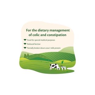 HiPP Organic comfort milk graphic showing colic and constipation benefits with cows in a green, rolling countryside illustration