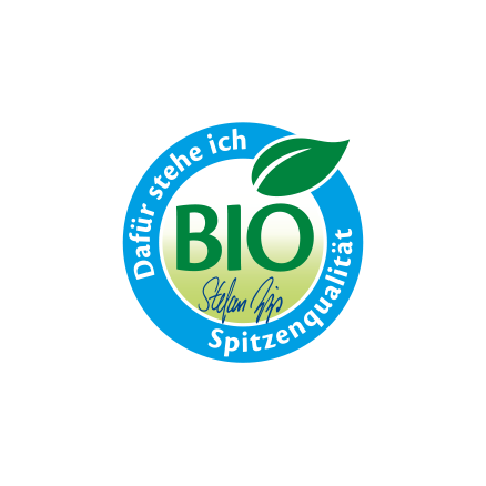 Rundes Bio-Siegel mit grünem Blatt und Text 'Dafür stehe ich', 'BIO', 'Spitzenqualität'