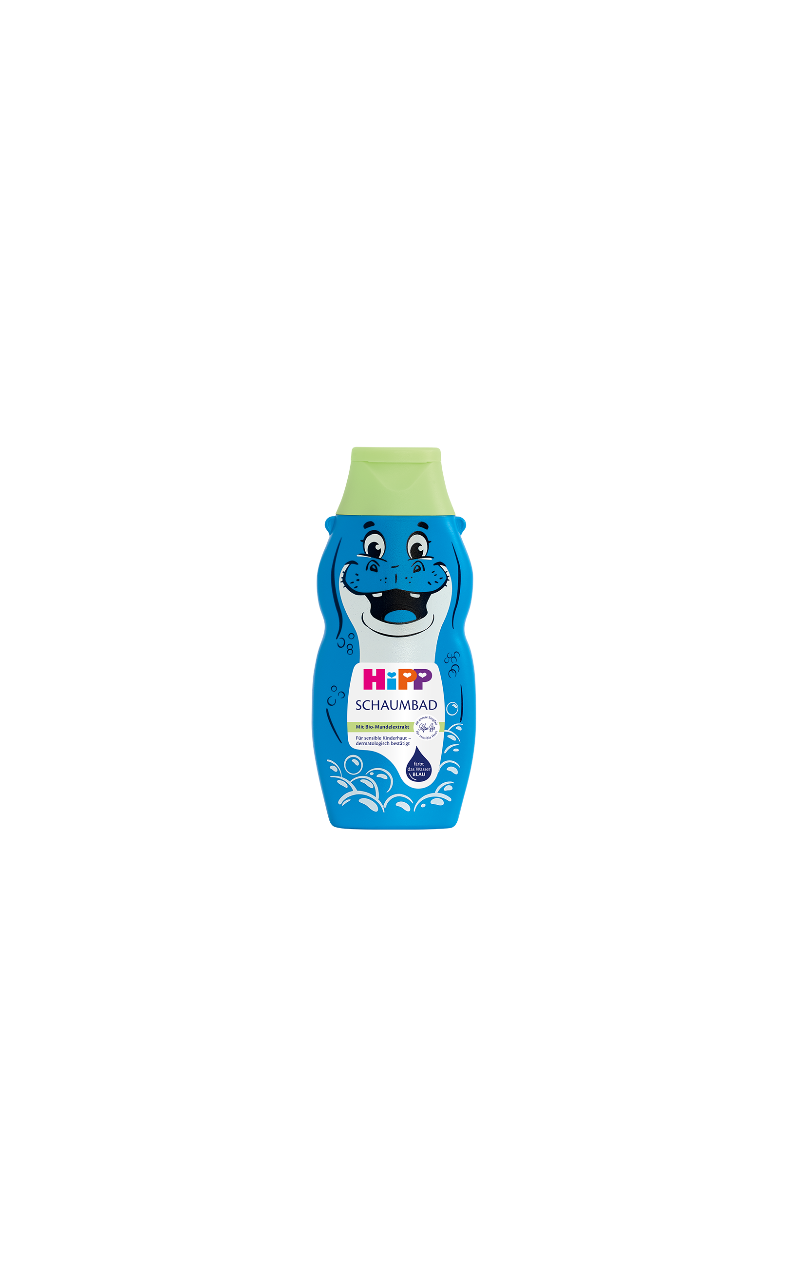 HiPP Schaumbad, 300 ml, in blauer Flasche mit fröhlichem Nilpferd und grünem Verschluss