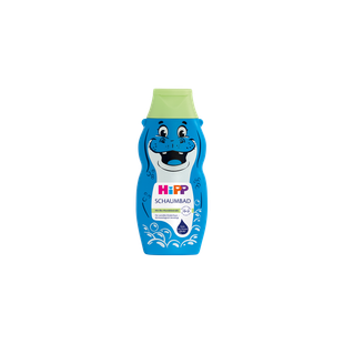 HiPP Schaumbad, 300 ml, in blauer Flasche mit fröhlichem Nilpferd und grünem Verschluss