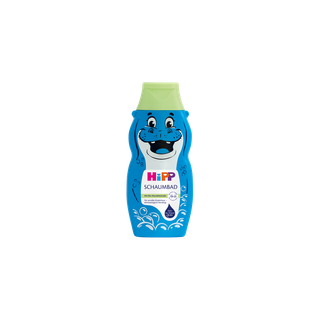 HiPP Schaumbad in blauer Flasche mit fröhlichem Nilpferd und grünem Verschluss