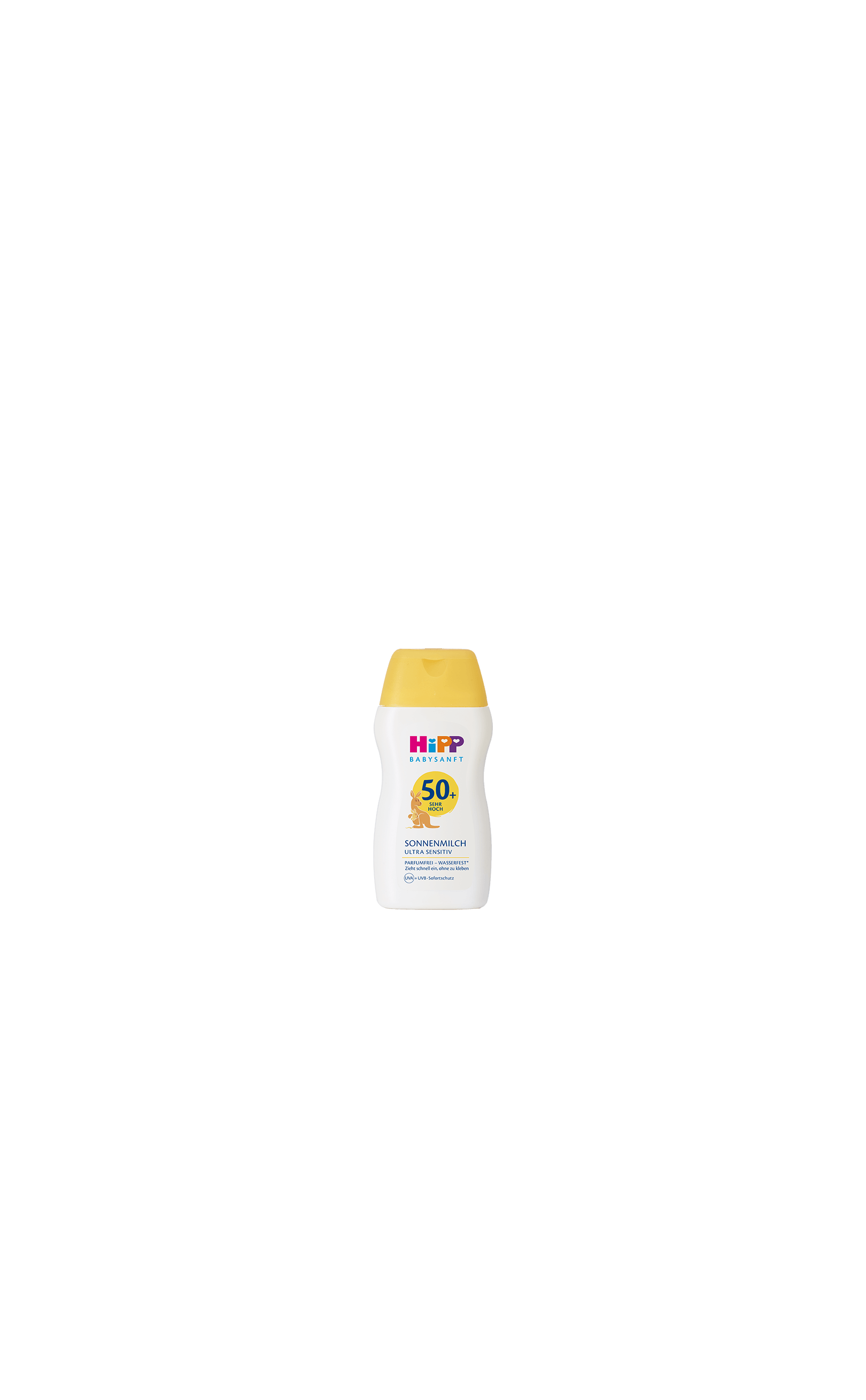 HiPP Babysanft Sonnenmilch Ultra Sensitiv LSF 50+ in 50ml Flasche mit gelbem Deckel auf schwarzem Hintergrund