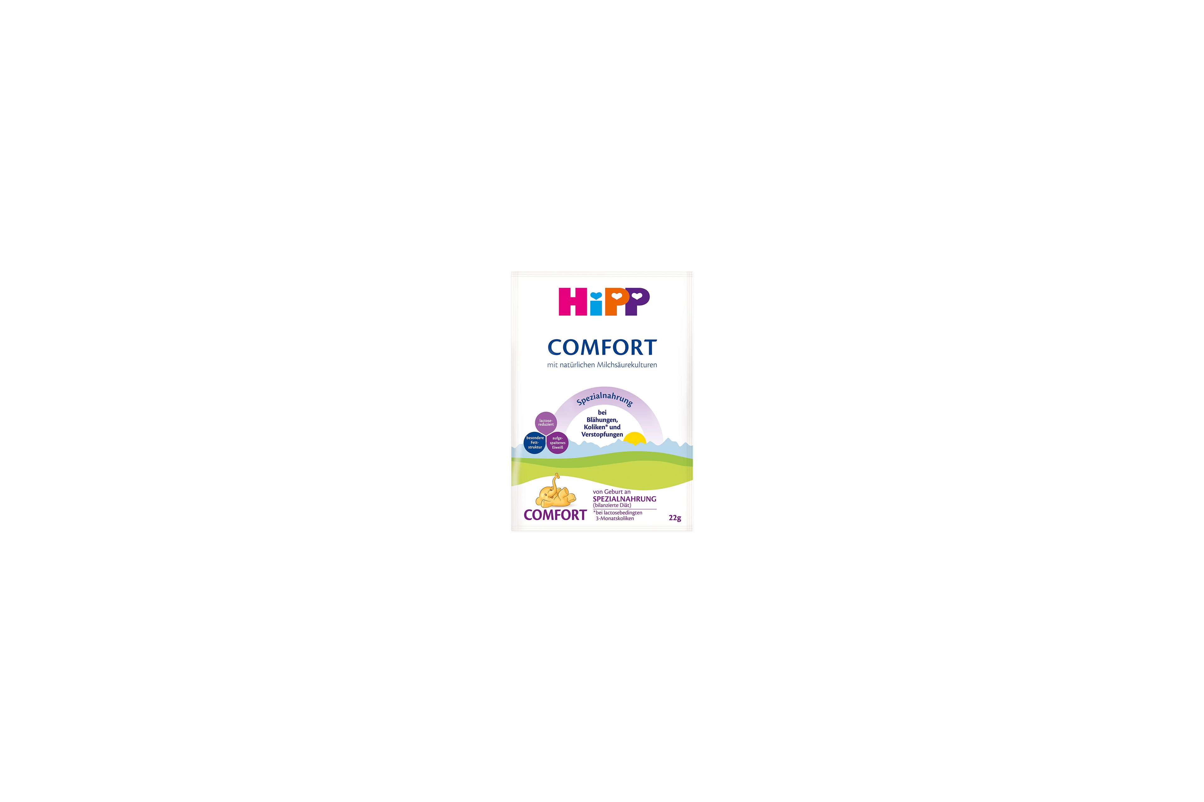 HiPP Comfort Spezialnahrung Portionsbeutel 22g, Spezialnahrung bei Blähungen, Koliken und Verstopfung, Packung auf weißem Hintergrund