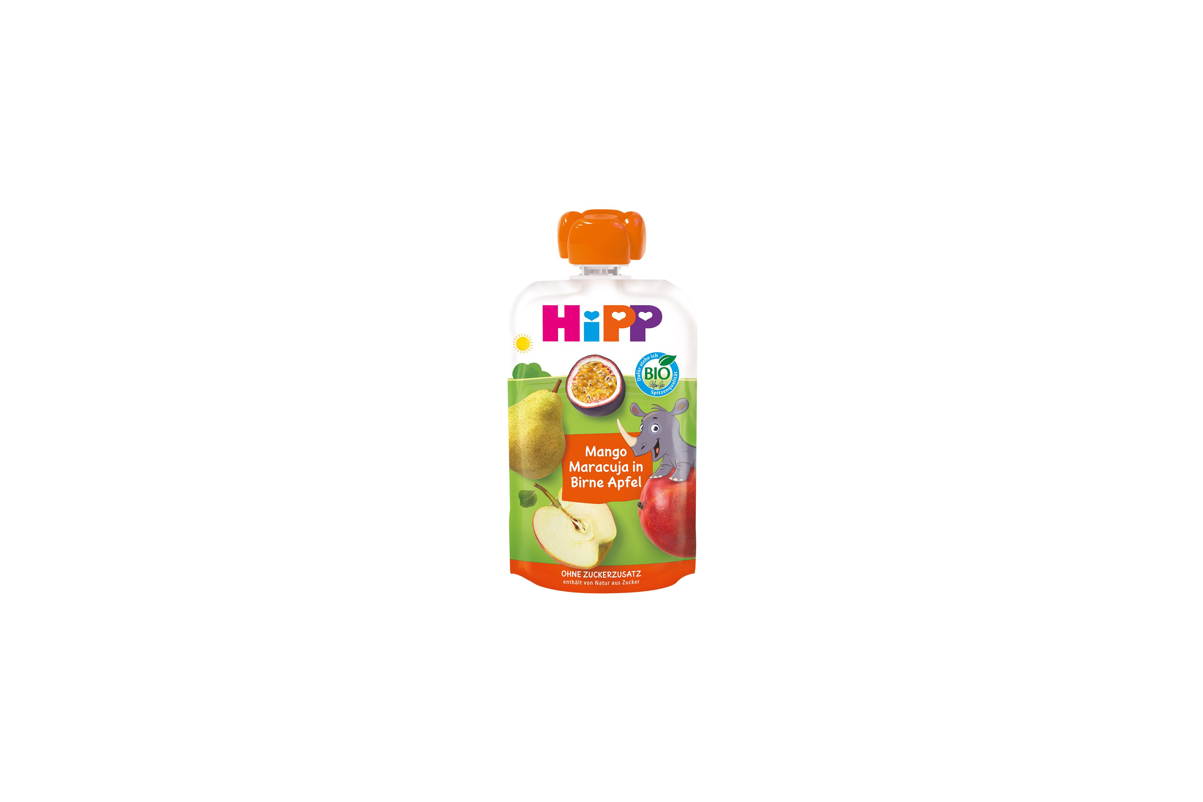 HiPP Bio-Quetschbeutel Mango Maracuja in Birne Apfel, bunter Fruchtpüree-Snack ab 1 Jahr ohne Zuckerzusatz