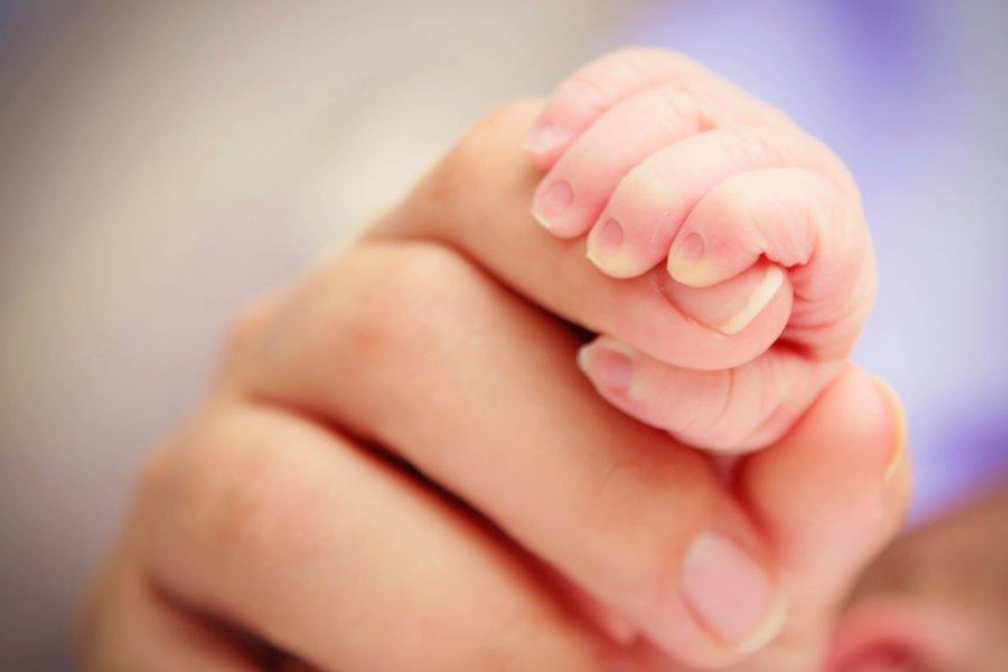 Ein zärtlicher Moment, in dem die Hand eines Babys sanft den Finger eines Erwachsenen ergreift und so die Bindung zwischen Eltern und Kind symbolisiert.