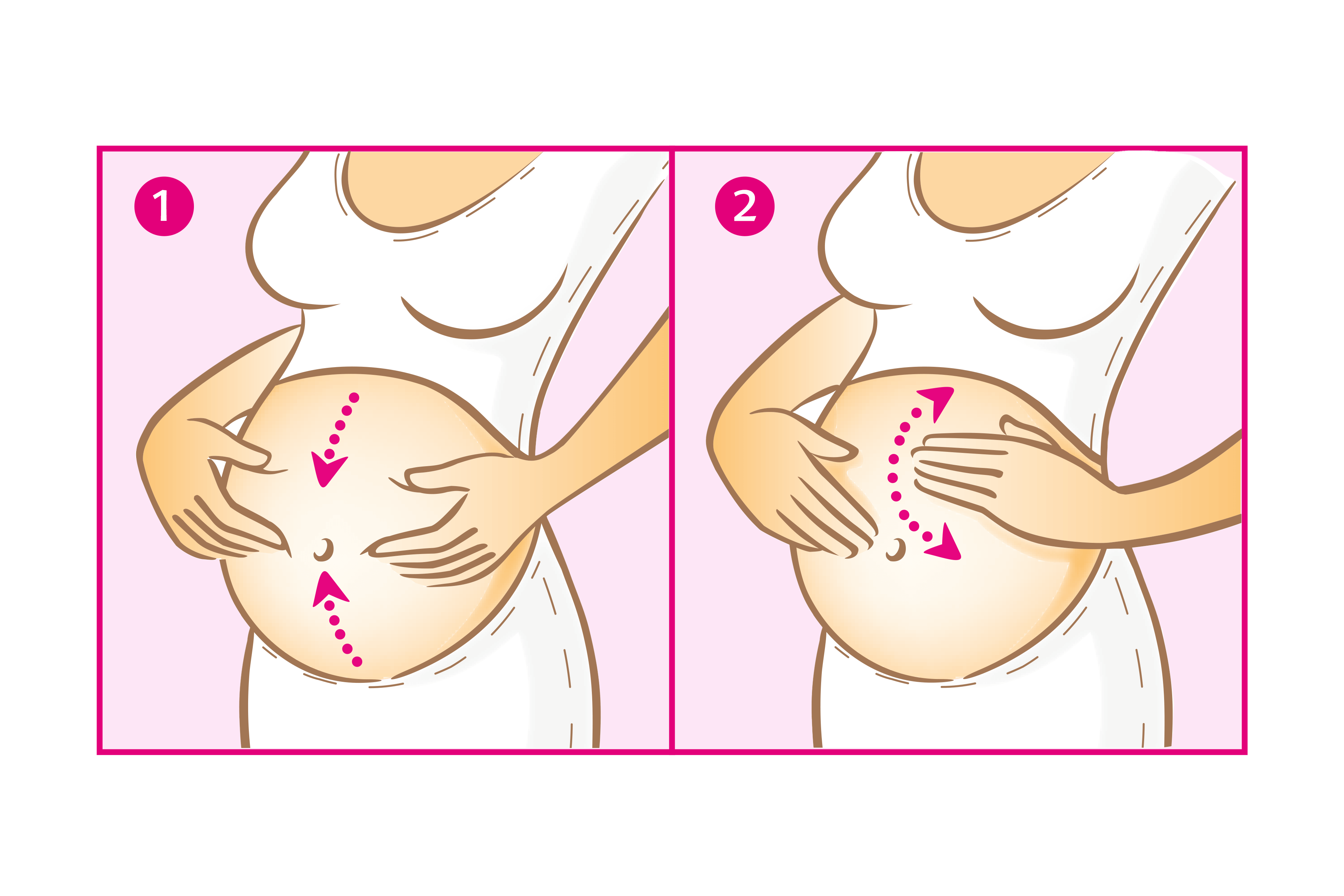 Zwei Phasen einer Handmassage am schwangeren Bauch, mit Pfeilen, die auf bestimmte Bereiche des Bauches zeigen, um sie zu betonen.