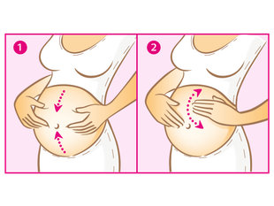 Zwei Phasen einer Handmassage am schwangeren Bauch, mit Pfeilen, die auf bestimmte Bereiche des Bauches zeigen, um sie zu betonen.