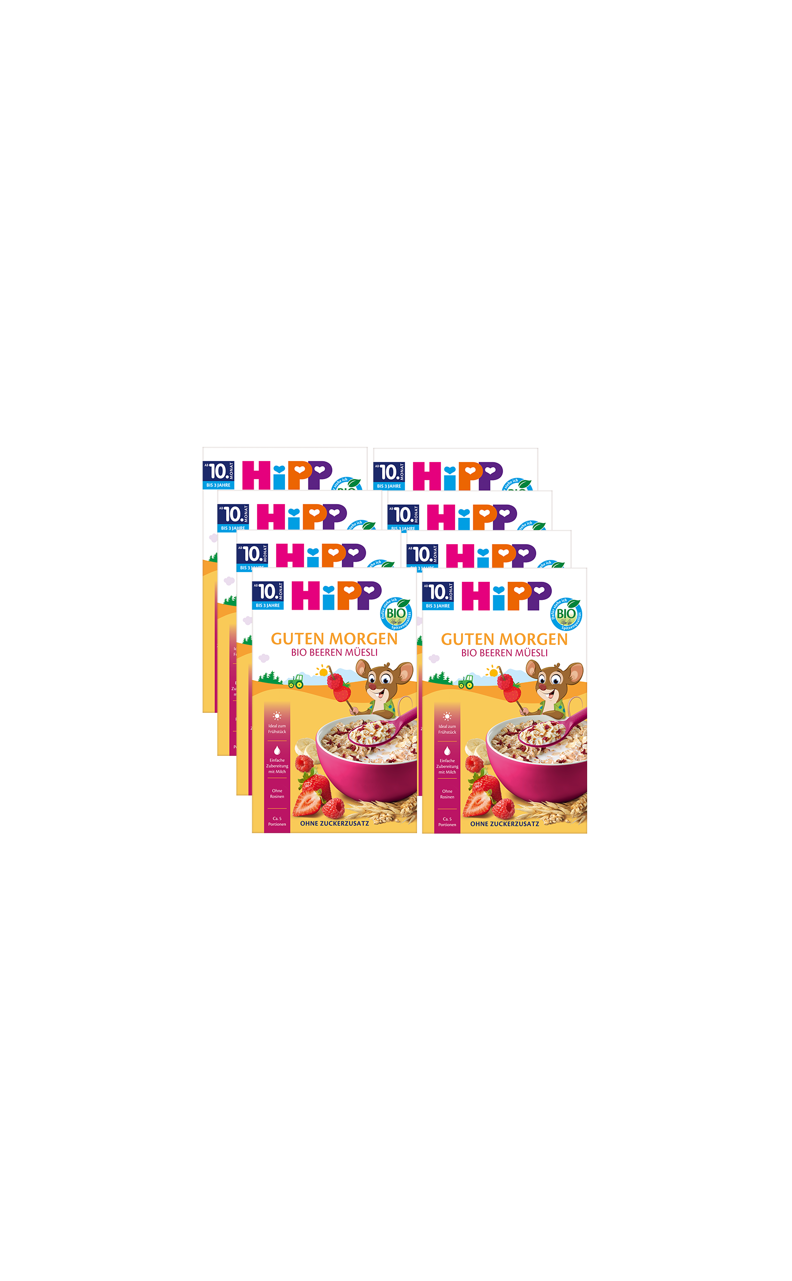 8er-Pack HiPP Guten Morgen Bio Beeren Müsli ab 10. Monat in bunten Frühstückspackungen