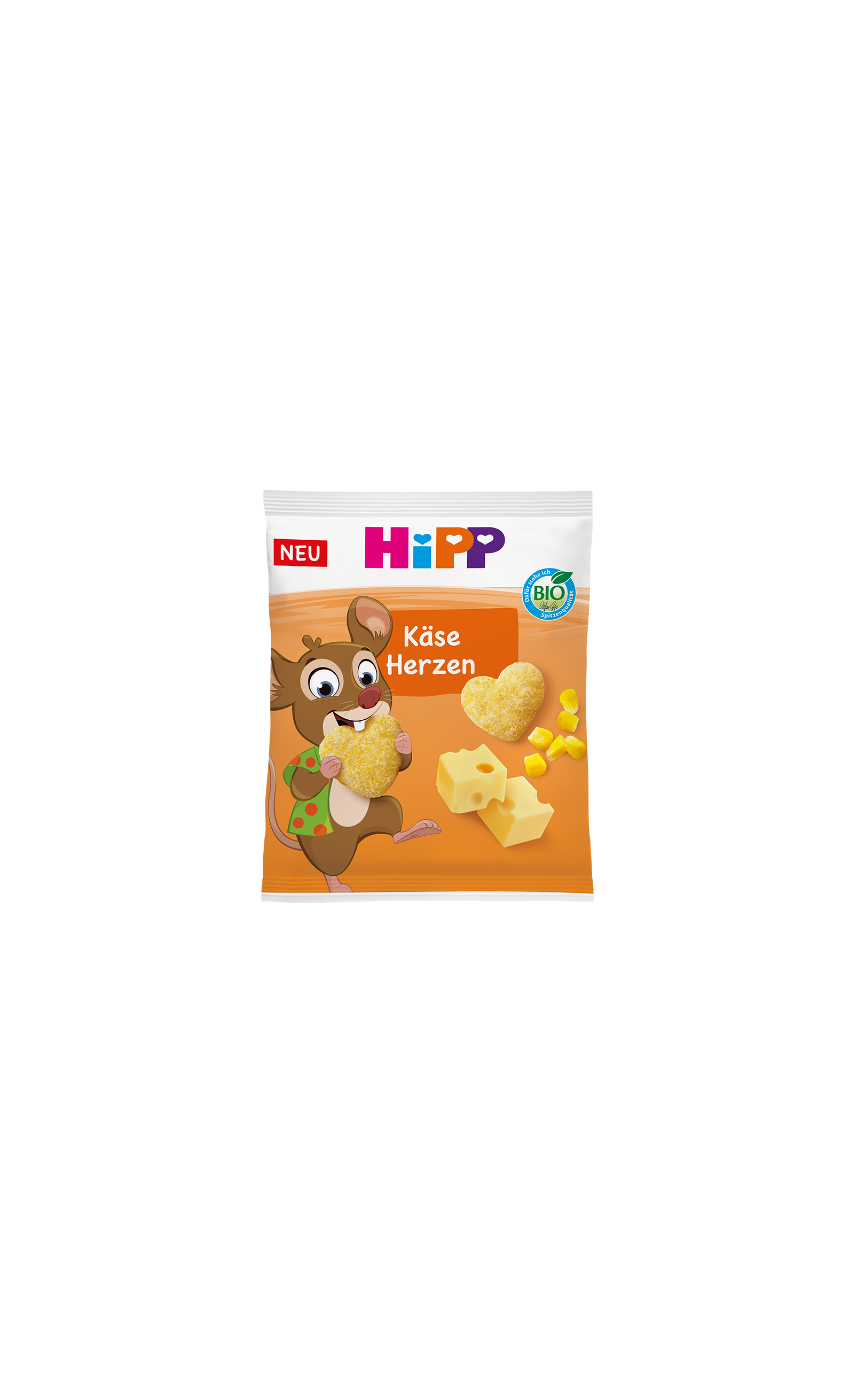 HiPP Bio Käse Herzen in orangefarbener 25-g-Packung mit herzförmigem Knabbersnack und Mausmotiv