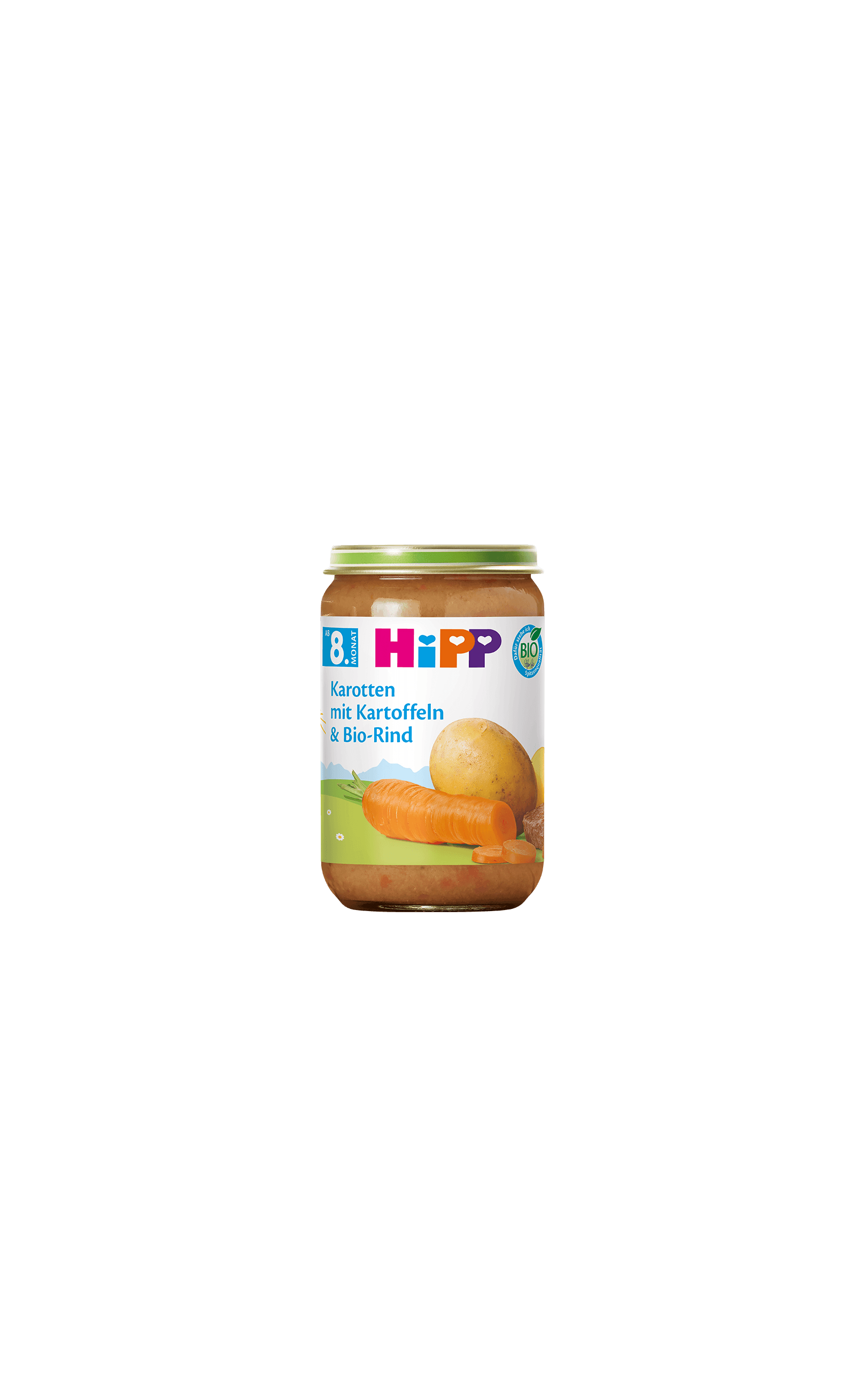 HiPP Bio-Gläschen Kartoffel-Gemüse mit Bio-Rind für Babys ab dem 8. Monat vor schwarzem Hintergrund