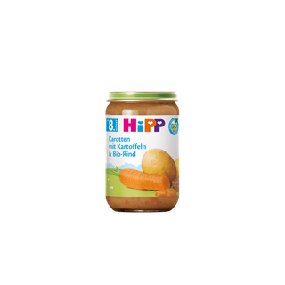 HiPP Bio-Gläschen Kartoffel-Gemüse mit Bio-Rind für Babys ab dem 8. Monat vor schwarzem Hintergrund