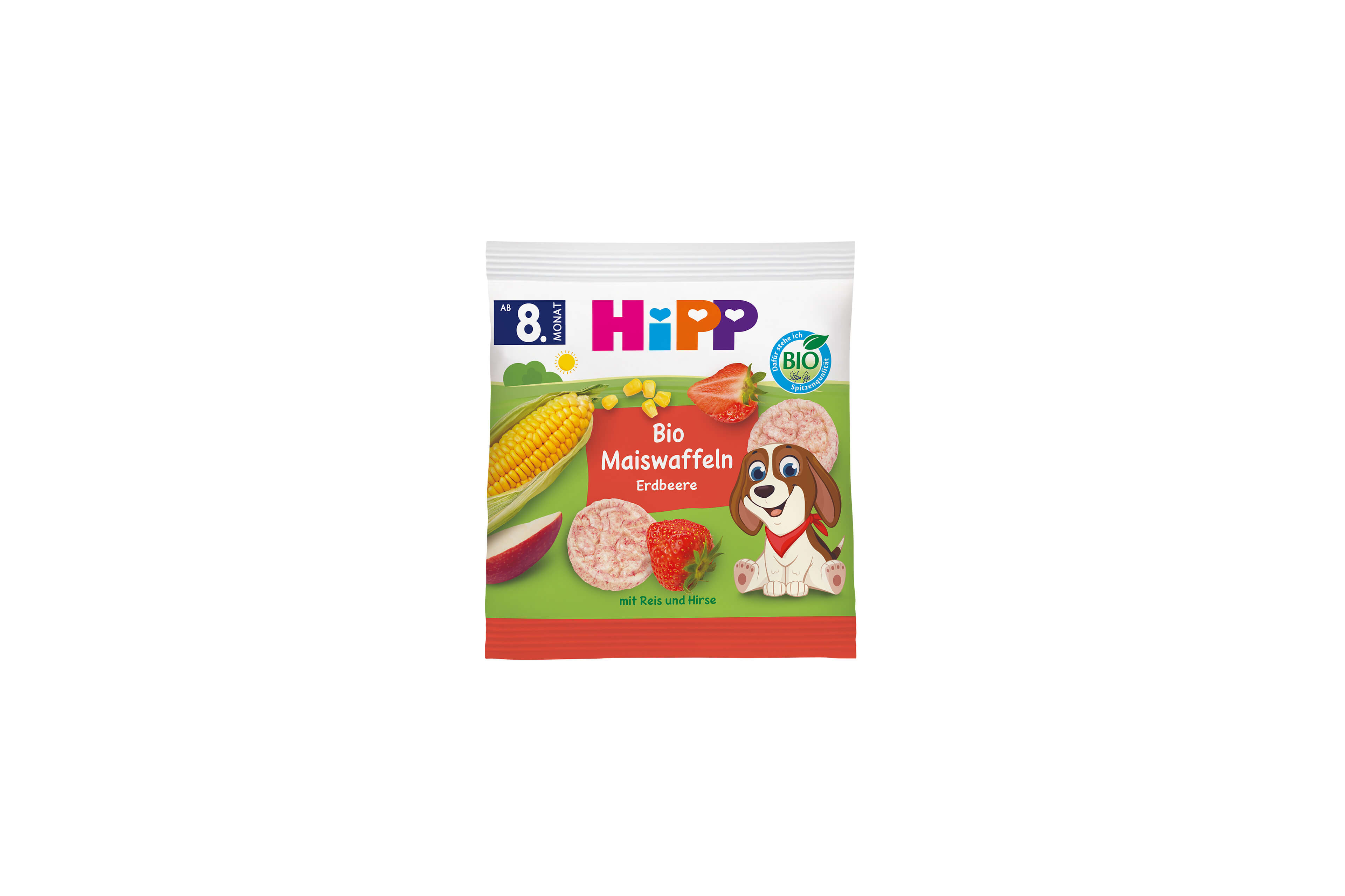 HiPP Bio Maiswaffeln Erdbeere Snackpackung mit Maiskolben, Erdbeeren, rosa Waffeln und fröhlichem Hundemotiv, ab 8. Monat