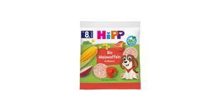 HiPP Bio Maiswaffeln Erdbeere Snackpackung mit Maiskolben, Erdbeeren, rosa Waffeln und fröhlichem Hundemotiv, ab 8. Monat