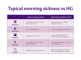 HiPP infographic comparing typical morning sickness and hyperemesis gravidarum (HG) in pregnancy. Covers differences in vomiting frequency, hydration ability, symptom duration, impact on daily life, and weight changes. Highlights HG as a severe condition with persistent symptoms and significant health risks.