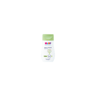 HiPP Babysanft Milk Lotion Sensitiv 50ml Flasche mit grünem Deckel auf schwarzem Hintergrund, sanfte Pflege für empfindliche Babyhaut