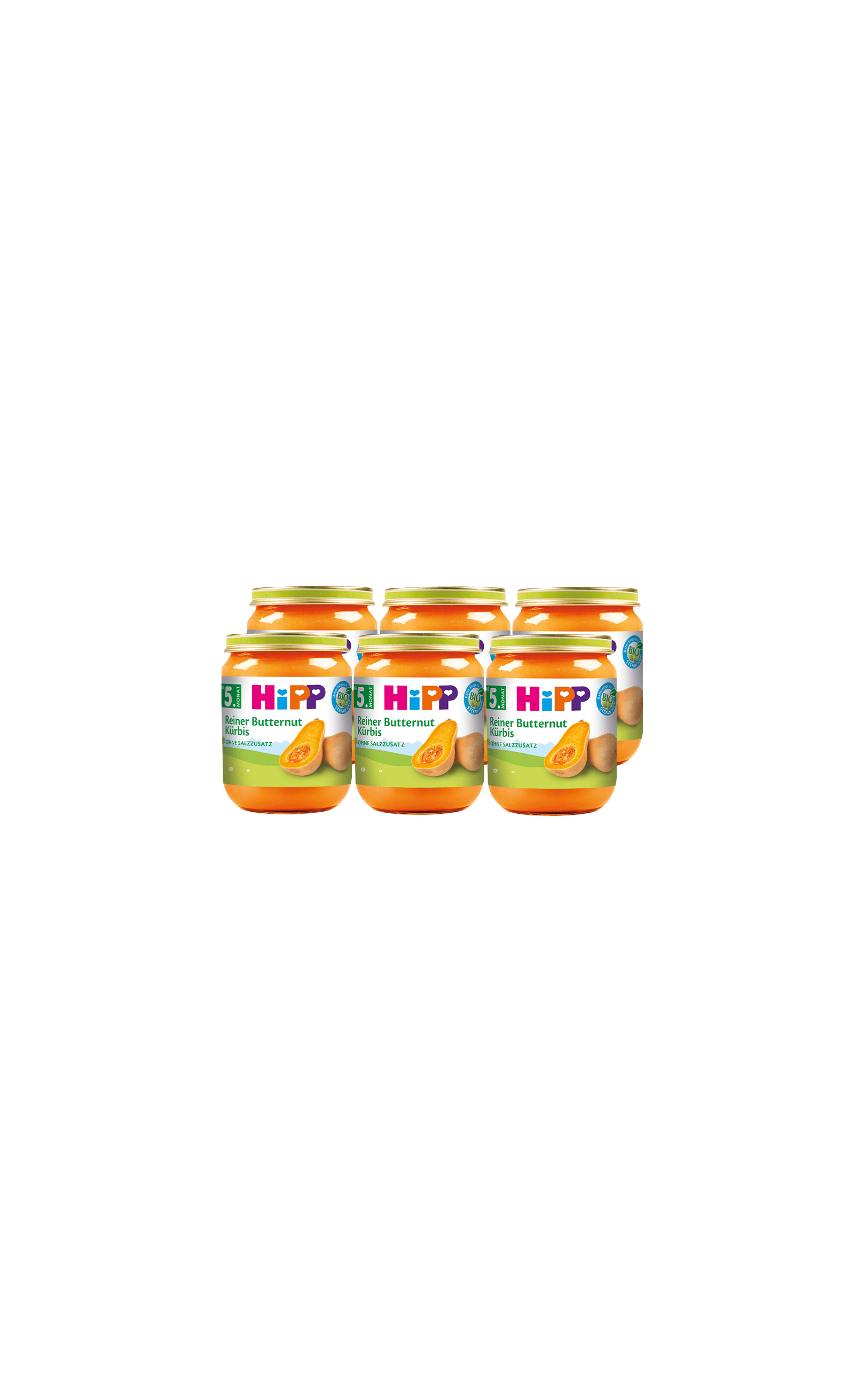 Sechserpack HiPP Gläschen Reiner Butternut Kürbis, 6×125 g Babykost ab dem 5. Monat